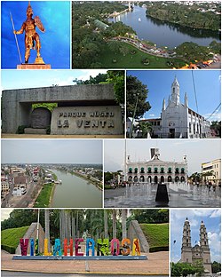 From top to bottom, from left to right: Monument to Taabscoob, the lagoon of illusions, the Parque Museo La Venta, the church of the Immaculate Conception, the Grijalva river as it passes through Villahermosa, the main square, monumental letters and the Cathedral of the Lord of Tabasco.