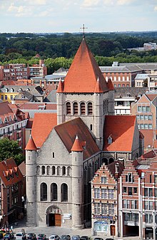 The exterior of the Romanesque church of Saint Quentin in Tournai, Belgium