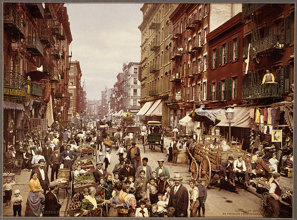 A photochrom of Mulberry Street in New York City c. 1900, which shows the evocative coloration characteristic of the process