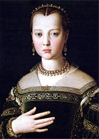 A portrait usually identified as Maria de' Medici, daughter of Cosimo I de' Medici, Grand Duke of Tuscany, who died at the age of seventeen. She was painted by Bronzino when she was eleven. One critic proposed that the portrait is of Maria's younger half-sister Virginia de' Medici.