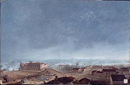 Painting of the battle composed of two-thirds sky and the rest buildings, camps, men, and gunsmoke