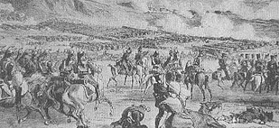 Black and white print shows soldiers in a battle.