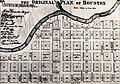 The "Original Plan of Houston" shows a city hugging Buffalo Bayou with space reserved for a courthouse, churches, and schools. (1869)