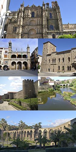 Top: Plasencia New Cathedral, Second left: Casa Consistorial (Consistorial House), Second right: Palacio de los Monroy (Monroy Palace), Third left: Murallas de Plasencia (Plasencia Defensive Wall), Third right: Jerte River, Bottom: Acueducto de San Antón (Aqueduct of San Anton)