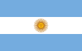 The flag of Argentina, a charged horizontal triband.