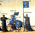 Flag and arms of the Kingdom of Galicia (16th century). The picture shows the funerals of the emperor Charles V, also king of Galicia (Funerals of Charles V, by Lucas Doetecum).