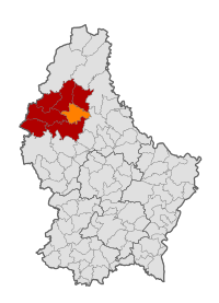Map of Luxembourg with Goesdorf highlighted in orange, and the canton in dark red