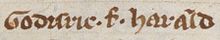 The name of Gofraid mac Arailt, King of the Isles as it appears on folio 141v of British Library Cotton MS Domitian A I