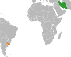 Map indicating locations of Iran and Uruguay