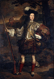 Oil portrait of a young man in red, tan, and black tartan belted plaid, white shirt, split jerkin of gold embroidery, red diced short hose, and broad flat cap, with musket