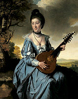 1766, England.Mrs. Robert Gwillym playing an English guitar, painting by Joseph Wright of Derby.