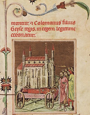 Chronicon Pictum, Hungarian, Hungary, King Saint Ladislaus, halo, crown, scepter, orb, funeral, legend, carriage, cart, admirers, Nagyvárad, church, Oradea, medieval, chronicle, book, illumination, illustration, history