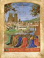 Pont Saint-Michel ansicht als La Main de Dieu protégeant les fidèles, Miniatur in Livre d'heures d'Étienne Chevalier von Jean Fouquet, zwischen 1452 und 1460