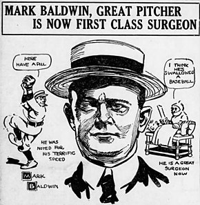 A black and white cartoon of Mark Baldwin as a surgeon