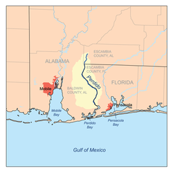 Location of Pensacola Pass in Florida Panhandle, at the Gulf of Mexico.