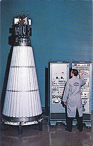 SNAP-10A Space Nuclear Power Plant, shown here in tests on the Earth, launched into orbit in the 1960s.