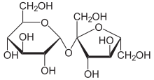 Sucrose is made up of a glucose monomer (left), and a fructose monomer (right).