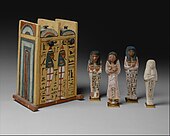 Four ushabtis of Khabekhnet and their box; 1279–1213 BC; painted limestone; height of the ushabtis: 16.7 cm; Metropolitan Museum of Art