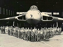 RAF personnel on front of an Avro Vulcan at RAF Waddington prior to the aircraft's deployment to the Falklands.