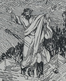 A man with curled hair that meets with his thick beard holds his arms aloft. He wears a thick toga-like robe that covers his body from neck to shins. He stands on top of a parapeted wall. Behind him, a tree line is visible, as is the sky, though the time of day isn't clear. This man is Samuel.