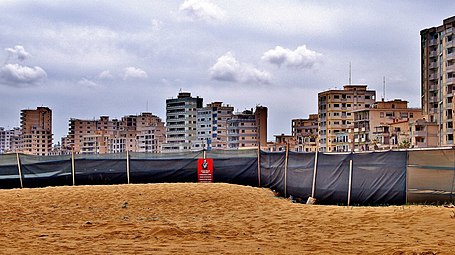 In the foreground, the fence that separates Varosha from the accessible area of Famagusta Bay.