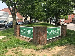Waverly median sign, E. 33rd Street and Barclay Street