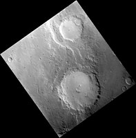 Bond crater (bottom), Uzboi Vallis, and Martynov crater (top) (Viking Orbiter 1 image)
