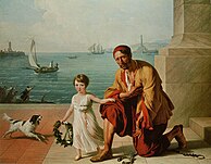 A bowing man with broken chains near a young girl wearing a white a robe in a French harbor