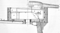 Barbette of the Océan class A Upper deck a Backing B Barbette b Inner skin C Pivot hollow for supply of ammunition D Ring revolving on pivot E Rollers G Slide and carriage I Platform for working gun K Toothed rack L, M, N, O Turning gear