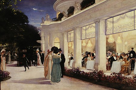 The restaurant Pré Catalan in the Bois de Boulogne (1905), like department stores of the period, had plate glass windows from floor to ceiling. Painting by Alexandre Gervex (1909).