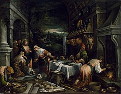 Jacopo Bassano, Christ in the House of Mary, Martha, and Lazarus (c.1577), 98.4 × 126.4 cm.