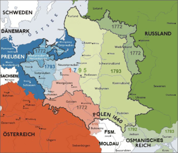 Polen-Litauen in den Grenzen von 1771 und die drei Teilungen Polens 1772, 1793 und 1795