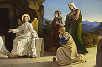 Julius Schnorr von Carolsfeld was a member of the Nazarene movement that looked back to medieval art. However, in The Three Marys at the Tomb, 1835, only the angel has a halo.