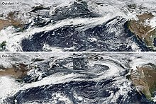 Two wide photos showing a long stream of clouds ranging over the Pacific Ocean