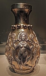 Vase decorated with figures of dancing females. Silver and gilt. Sasanian Empire, 6th - 7th century