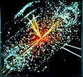 Image 34One possible signature of a Higgs boson from a simulated proton–proton collision. It decays almost immediately into two jets of hadrons and two electrons, visible as lines. (from History of physics)