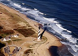 An aerial view of the Cape Hatteras Lighthouse prior to its 1999 relocation