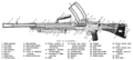 A cutaway drawing of the Bren gun. It fires from an open breech and is shown cocked, ready to fire. The Breechblock (24) is carried by the slide (18). The rear of the breechblock tilts up into a recess to lock it closed.[26]