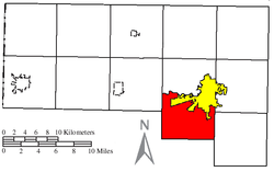 Location of Defiance Township (red) in Defiance County, adjacent to the city of Defiance (yellow)