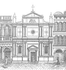 Engraving depicting the façade of a Renaissance church