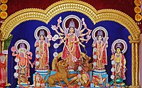 Modern Hindu devotional images of Durga and other haloed deities