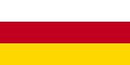 The flag of Ossetia, a simple horizontal triband.
