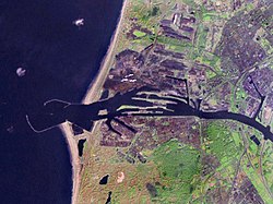 Satellite photo of all but south-east corner of Velsen municipality which includes this port and its opposing steelworks.