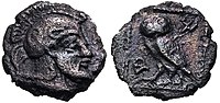 Coin of Archeptolis. Helmeted male and Athenian owl. Circa 459 BC