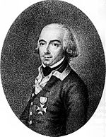 Black-and-white print shows a man in a plain gray military coat with only one decoration, the Order of Maria Theresa. He has a cleft chin, dark eyebrows and light-colored hair that is curled at the ears in 18th century fashion.