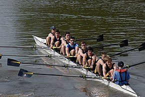 The College First VIII racing in Eights Week - rowing is one of the sporting activities of students at Oxford