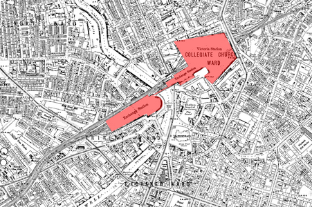 1889 Ordnance Survey map showing the Manchester Exchange and Victoria station complex (note the platform link over the River Irwell)