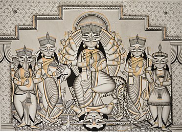 Goddess Durga and her family in Medinipur Patachitra