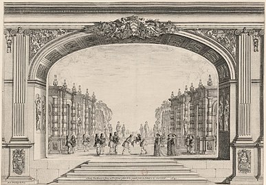 Perspective set for Mirame, Act 1, engraving by Stefano della Bella