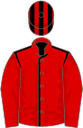 Red, black seams, red sleeves, striped cap